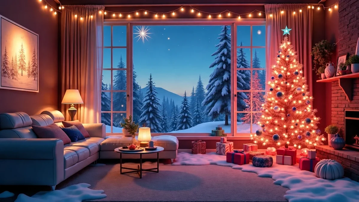 Salon décoré pour Noël avec un sapin rose et des lampes douces Salon décoré pour Noël avec un sapin rose et des lampes douces