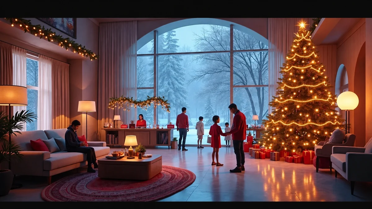 Familles dans un salon d’hôtel décoré pour Noël, scène illustrative Familles dans un salon d’hôtel décoré pour Noël, scène illustrative