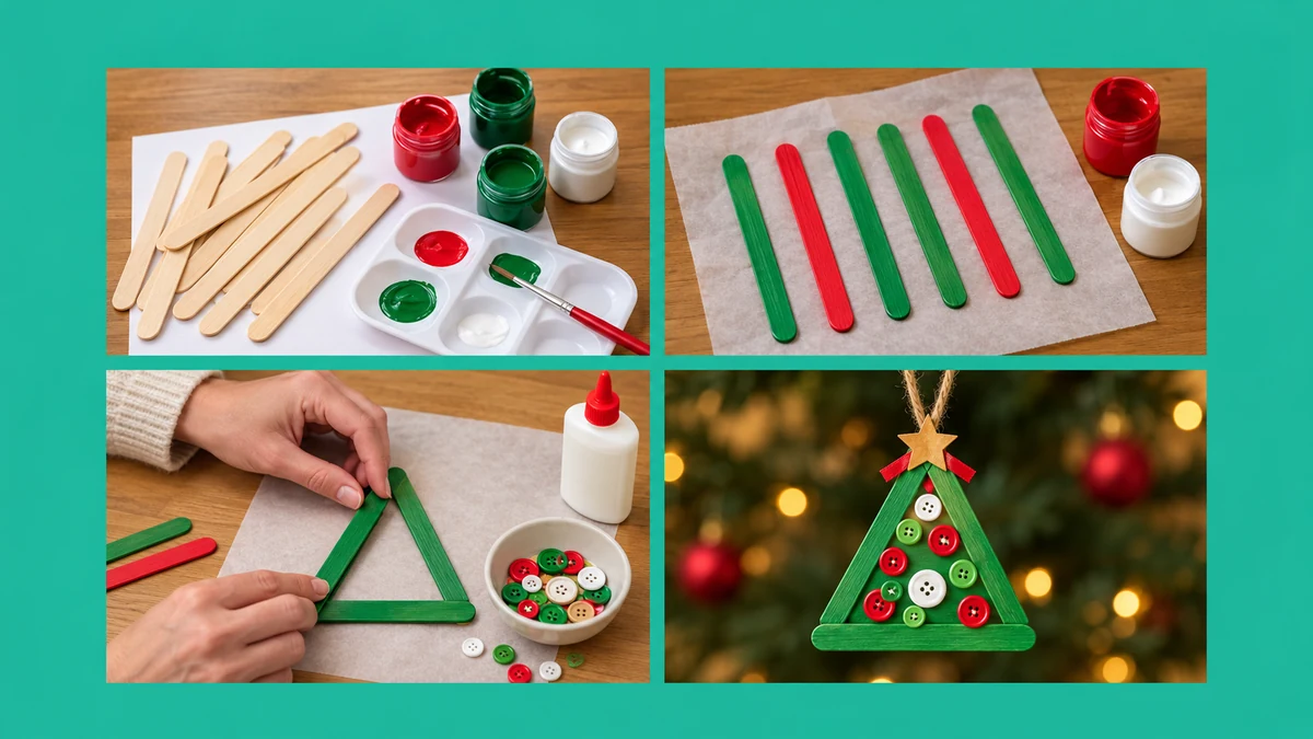 Quatre vues illustrant la fabrication d’un petit sapin en bâtonnets