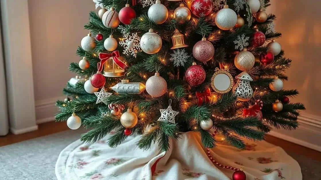 Sapin décoré de boules et d’ornements variés, avec un cache-pied en tissu Sapin décoré de boules et d’ornements variés, avec un cache-pied en tissu