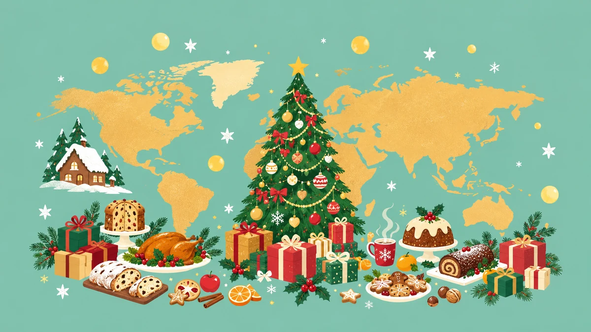 Sapin et plats de Noël devant une carte du monde décorative