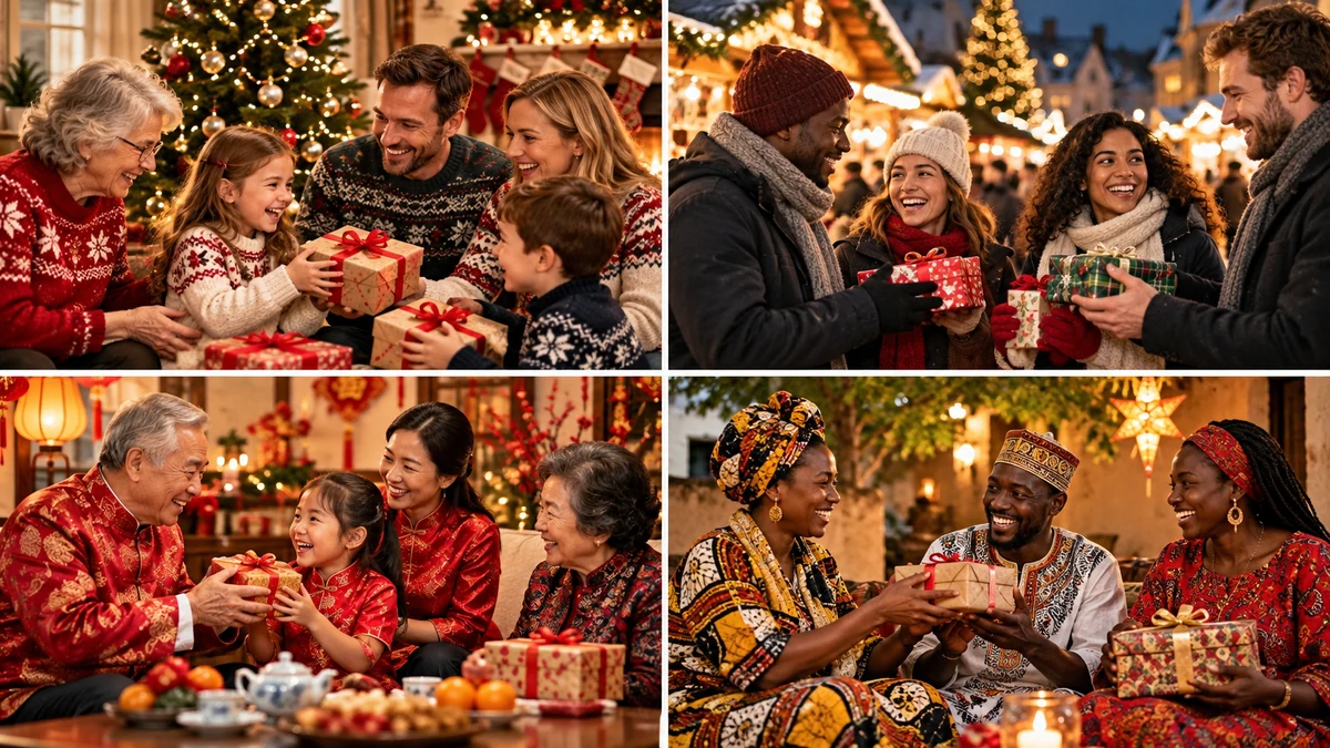 Quatre scènes illustratives de personnes partageant des cadeaux, sans attribution nationale