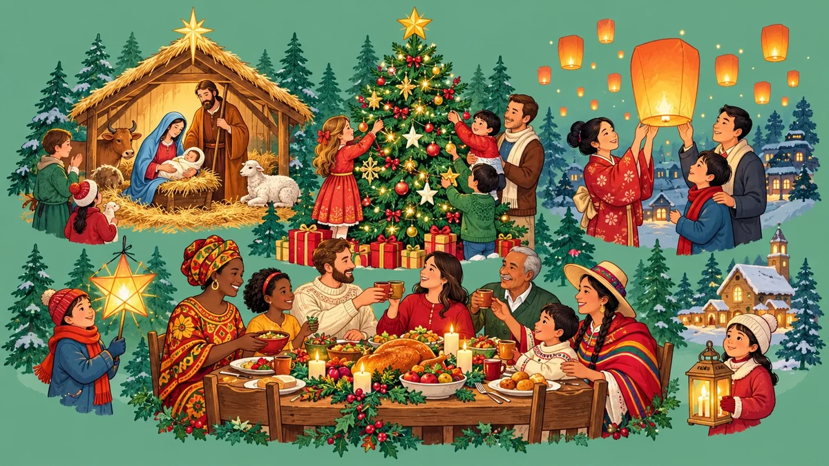 Composition illustrée de scènes imaginaires de fête et de Nativité Composition illustrée de scènes imaginaires de fête et de Nativité