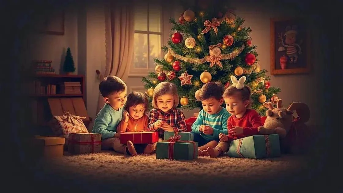 Illustration d’enfants découvrant leurs cadeaux au pied du sapin