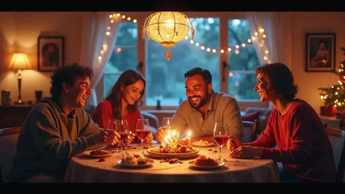 Illustration de proches partageant un repas dans une ambiance festive
