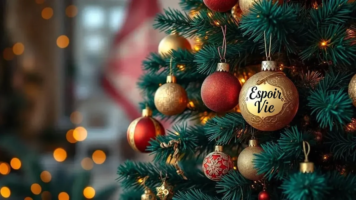 Boule dorée portant les mots Espoir et Vie sur une branche de sapin Boule dorée portant les mots Espoir et Vie sur une branche de sapin