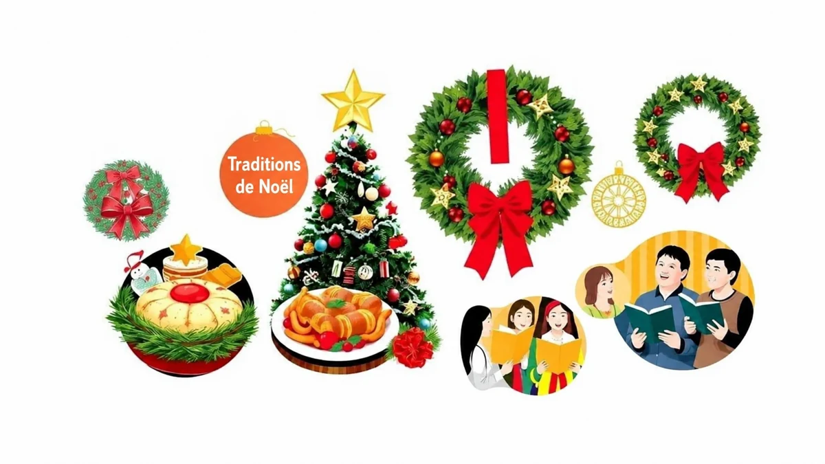 Collage de couronnes, d’un sapin, de plats et de choristes avec la mention Traditions de Noël