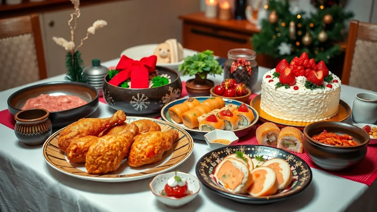 Composition illustrative d’une table festive avec poulet frit et gâteau aux fraises Composition illustrative d’une table festive avec poulet frit et gâteau aux fraises