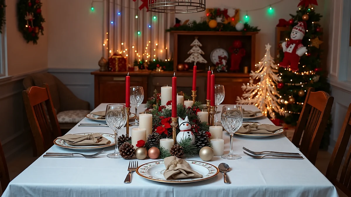 Table de fête avec des bougies éteintes et des décorations de Noël