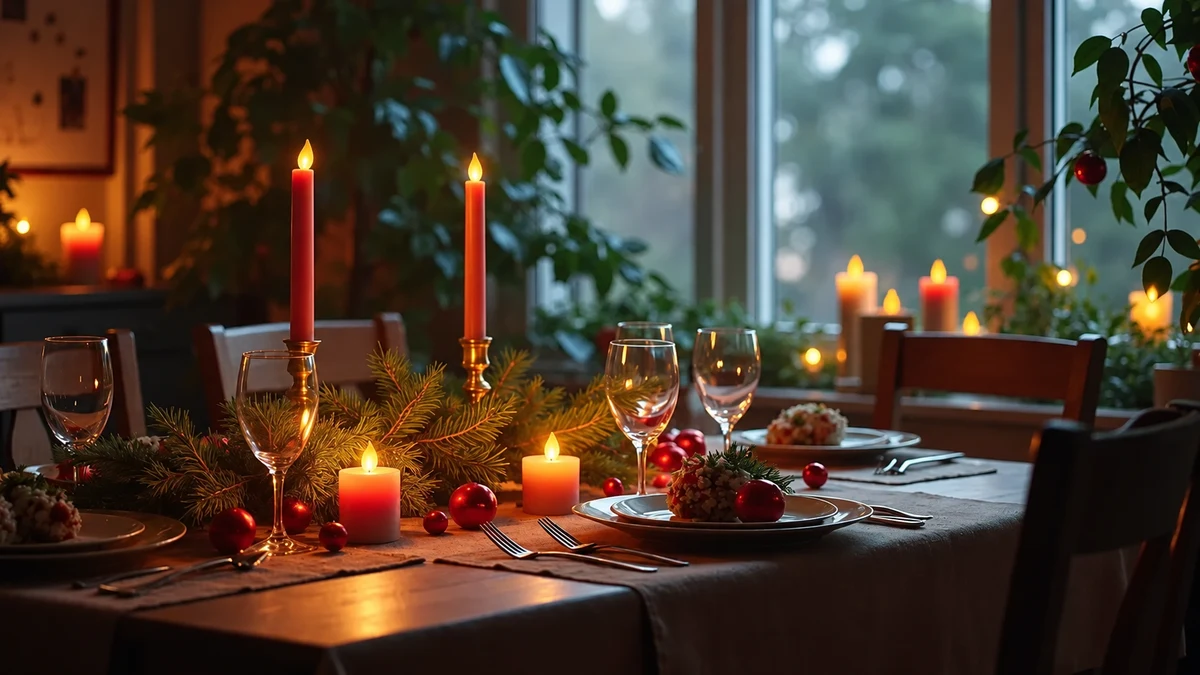 Une table de Noël décorée de branches et de bougies LED sans flamme