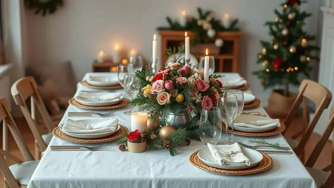 Table de Noël décorée de fleurs et de feuillages Table de Noël décorée de fleurs et de feuillages