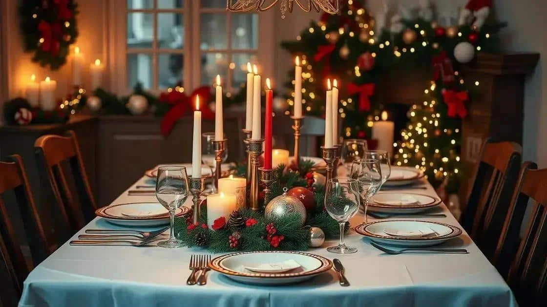 Table de Noël dressée avec assiettes, verres et décor central