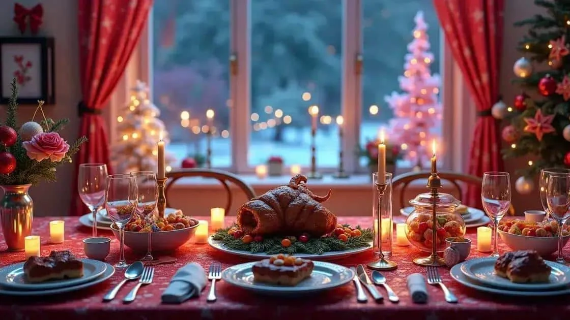 Table dressée pour un repas de fête avec un rôti et des accompagnements Table dressée pour un repas de fête avec un rôti et des accompagnements