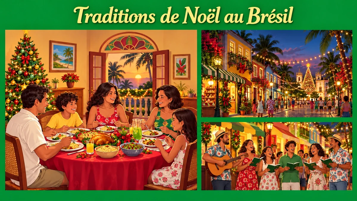 Illustration de traditions de Noël au Brésil : repas familial, rue illuminée et chants Illustration de traditions de Noël au Brésil : repas familial, rue illuminée et chants