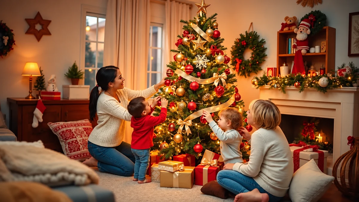 Deux adultes et deux enfants décorant un sapin avec des rubans dorés