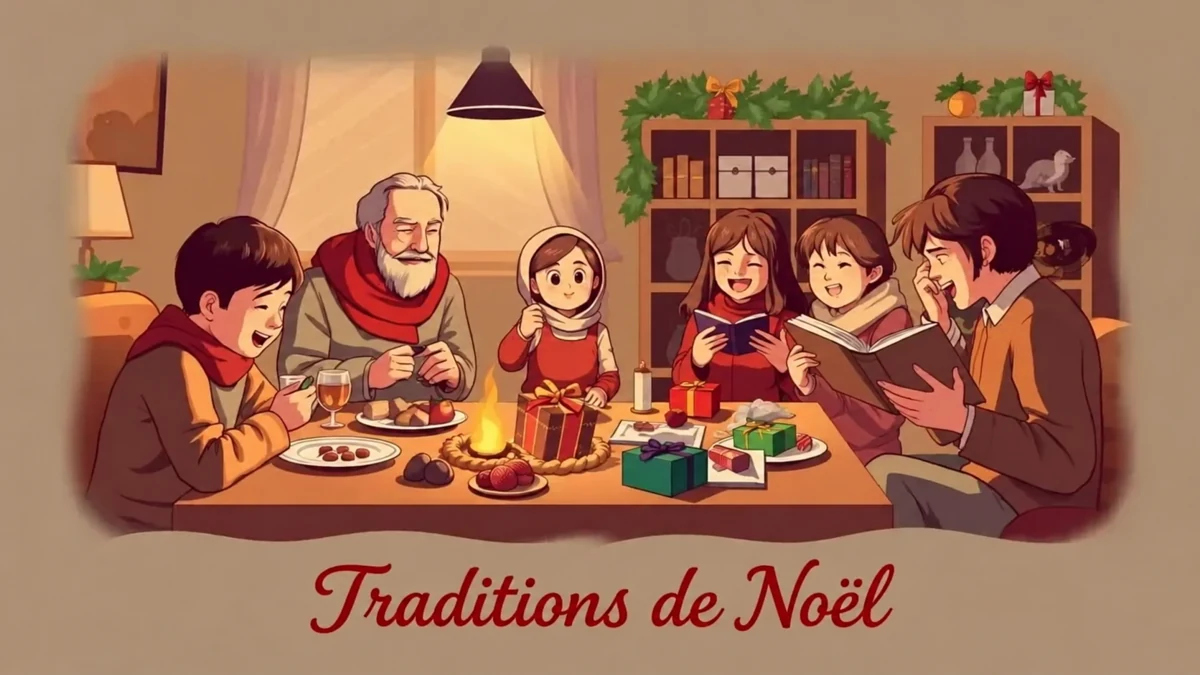 Famille illustrée réunie autour de livres, de cadeaux et d’un repas, avec la mention Traditions de Noël Famille illustrée réunie autour de livres, de cadeaux et d’un repas, avec la mention Traditions de Noël