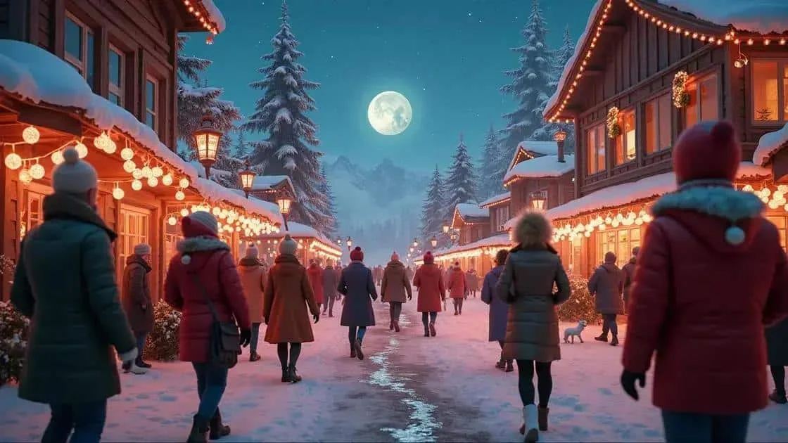 Illustration de visiteurs dans un village enneigé illuminé pour Noël Illustration de visiteurs dans un village enneigé illuminé pour Noël