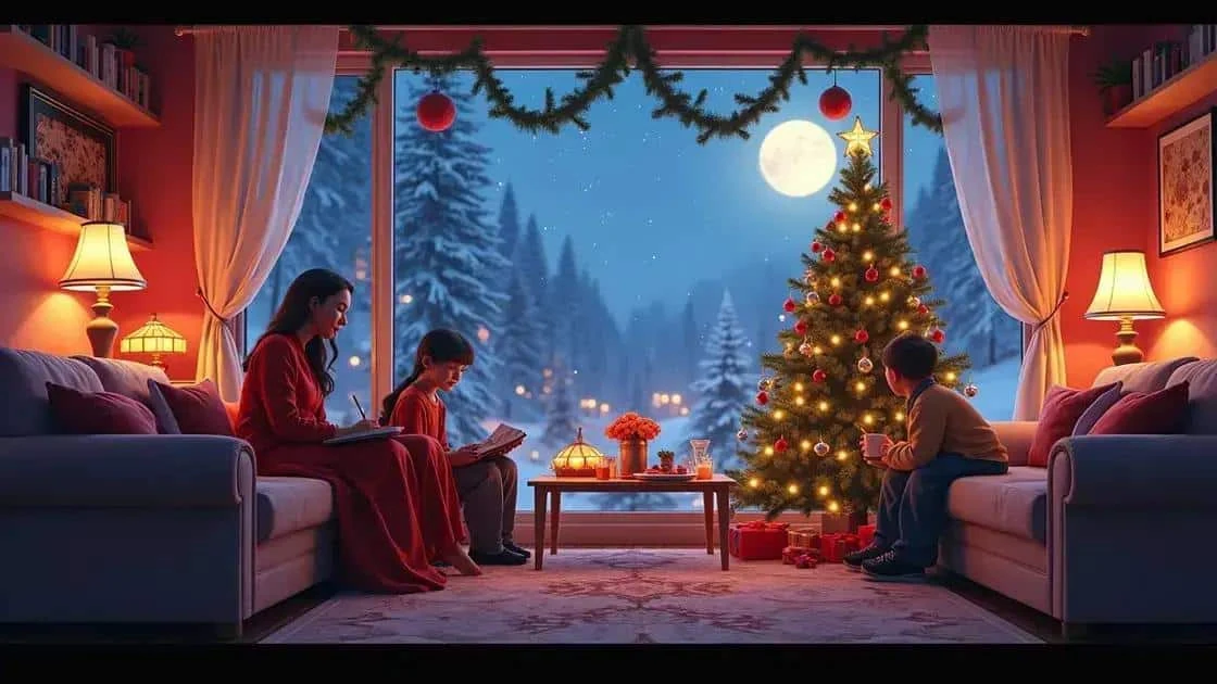 Illustration de proches réunis dans un salon avec des lanternes et un sapin