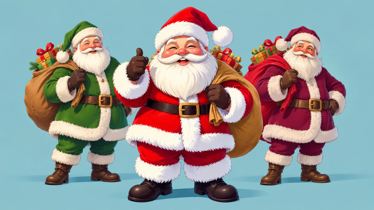 Trois interprétations imaginaires du Père Noël en manteaux vert, rouge et bordeaux