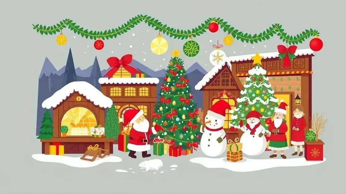 Village de Noël illustré avec sapin, personnages et décorations de fête
