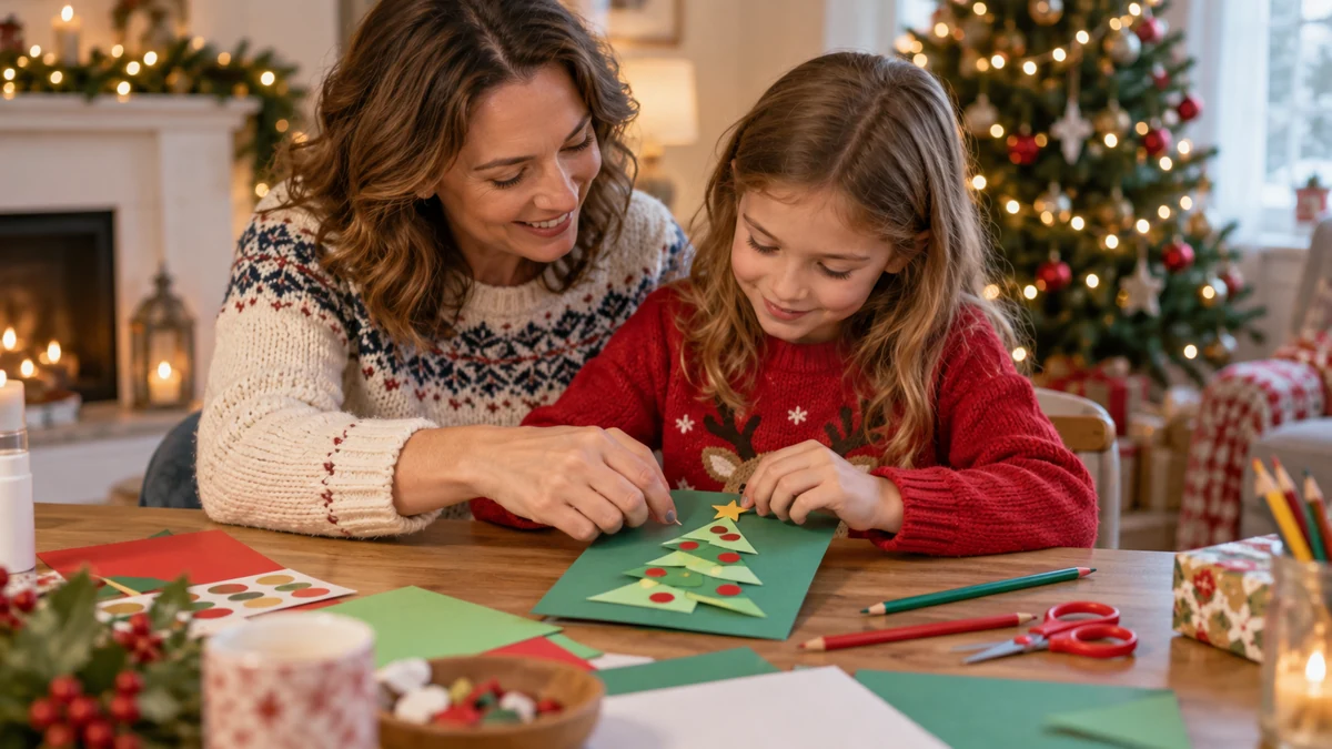 Un adulte aide une enfant à assembler une carte de Noël Un adulte aide une enfant à assembler une carte de Noël