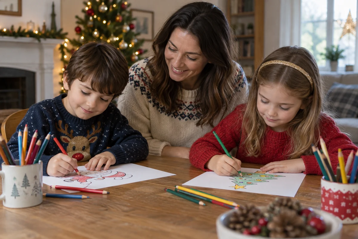 Une adulte accompagne deux enfants qui colorient des dessins de Noël