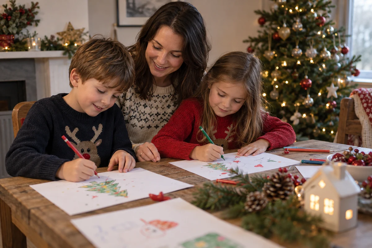 Une adulte accompagne deux enfants qui dessinent des sapins sur leurs lettres de Noël