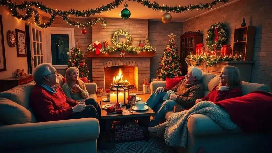 Adultes assis près d’une cheminée décorée pour Noël Adultes assis près d’une cheminée décorée pour Noël