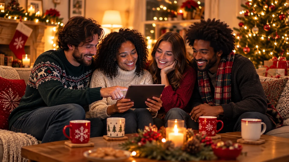 Quatre adultes choisissent de la musique sur une tablette lors d’une fête de Noël Quatre adultes choisissent de la musique sur une tablette lors d’une fête de Noël