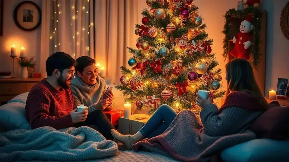 Adultes se détendant avec des tasses près d’un sapin de Noël