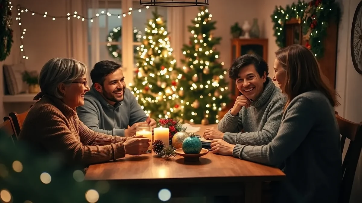 Quatre adultes discutant autour d’une table décorée pour Noël Quatre adultes discutant autour d’une table décorée pour Noël