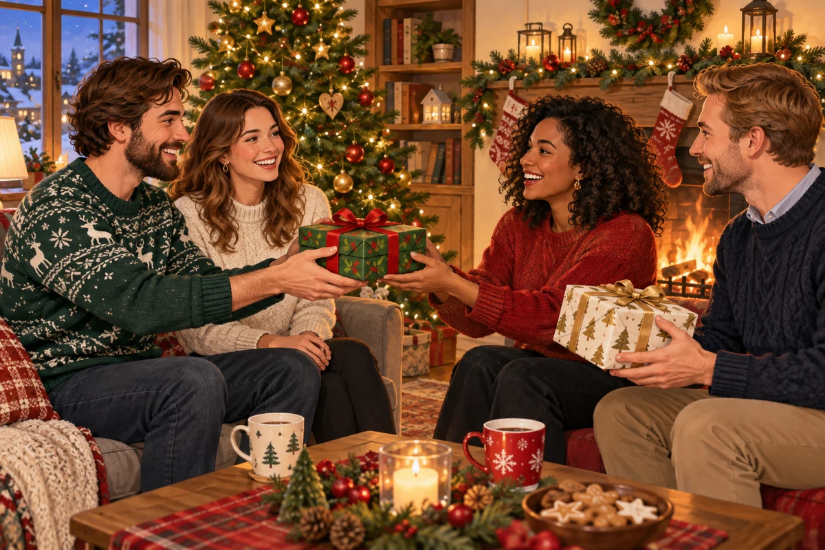 Illustration de quatre adultes échangeant des cadeaux dans un salon de Noël
