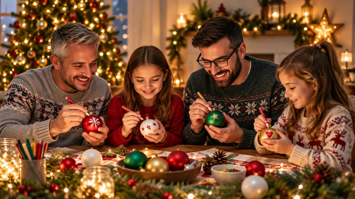 Des adultes et des enfants décorent des boules de Noël