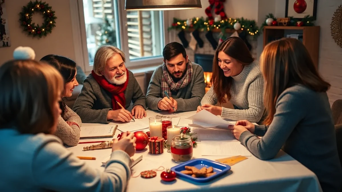 Des adultes examinent ensemble leurs notes à une table de Noël Des adultes examinent ensemble leurs notes à une table de Noël