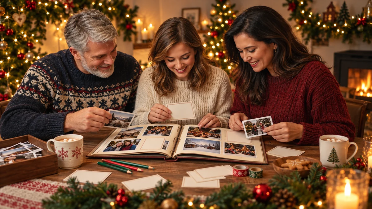 Trois adultes préparant ensemble un album de souvenirs de Noël