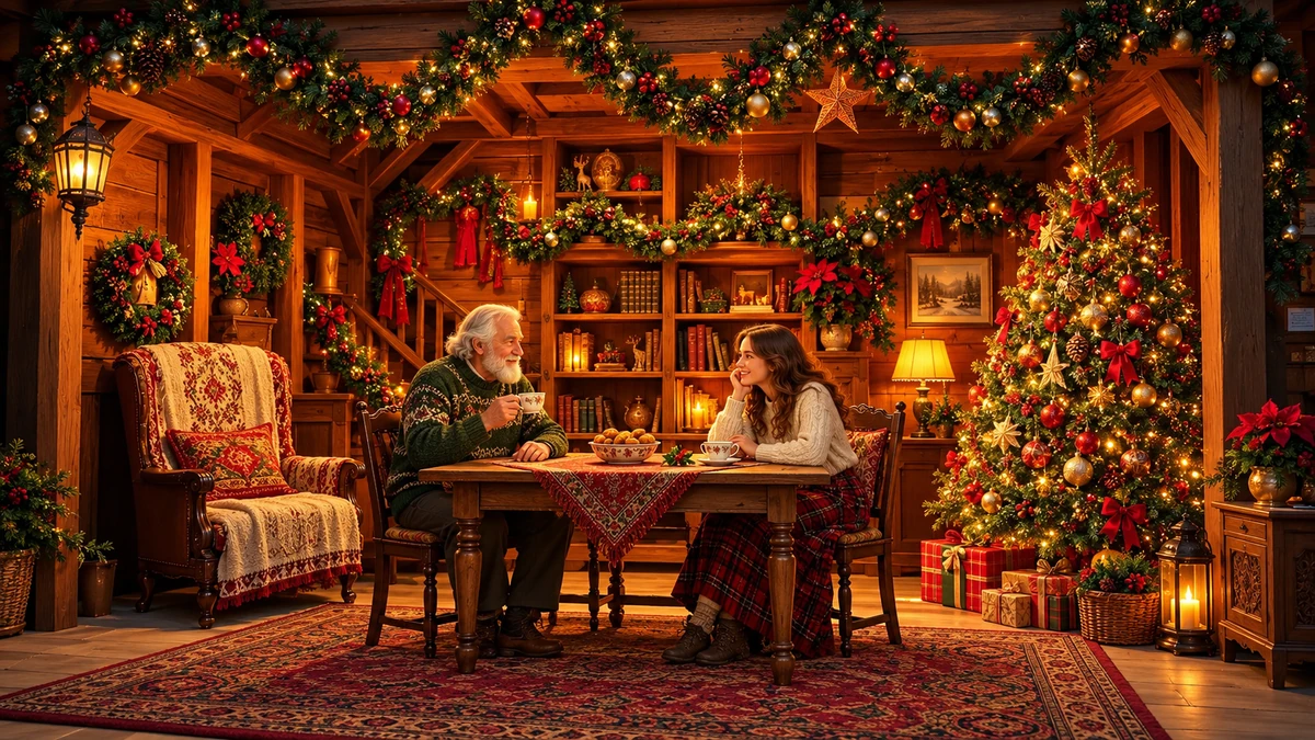 Illustration de deux adultes prenant le thé dans un intérieur en bois décoré pour Noël