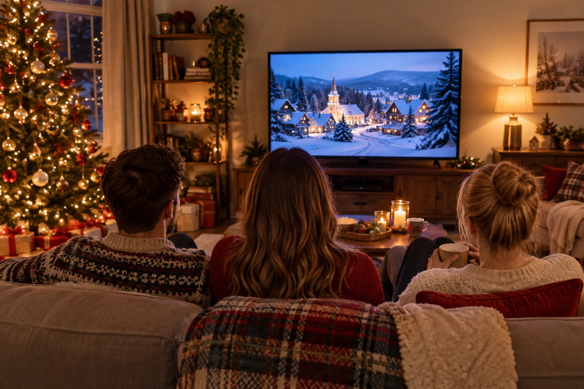 Illustration de trois adultes regardant un village enneigé à la télévision Illustration de trois adultes regardant un village enneigé à la télévision