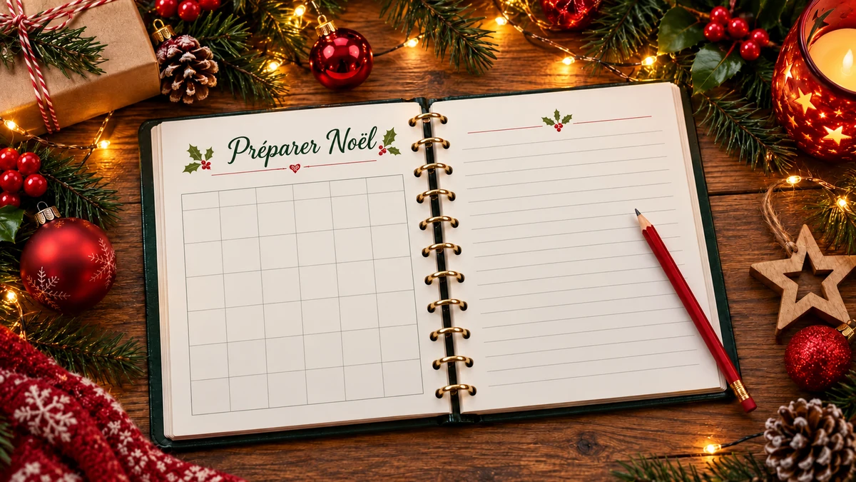 Agenda ouvert intitulé Préparer Noël, avec grille et lignes à compléter