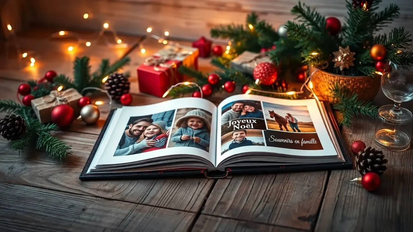 Album de famille ouvert sur une table festive, avec les mentions Joyeux Noël et Souvenirs en famille