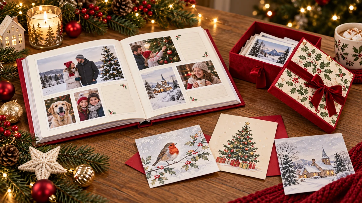 Album de photos, cartes de Noël et boîte à souvenirs sur une table Album de photos, cartes de Noël et boîte à souvenirs sur une table
