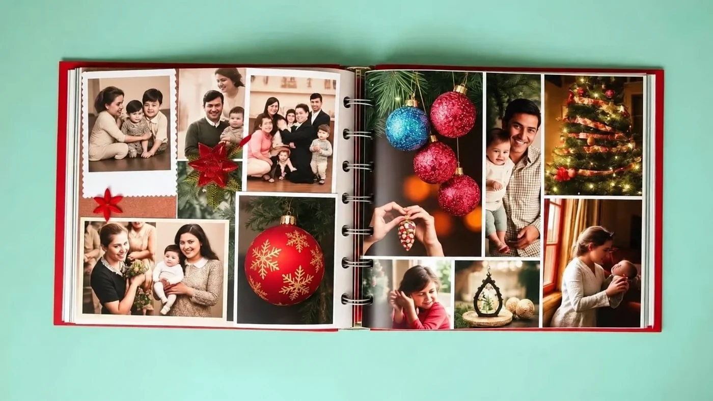 Album photographique de Noël ouvert avec des décorations colorées