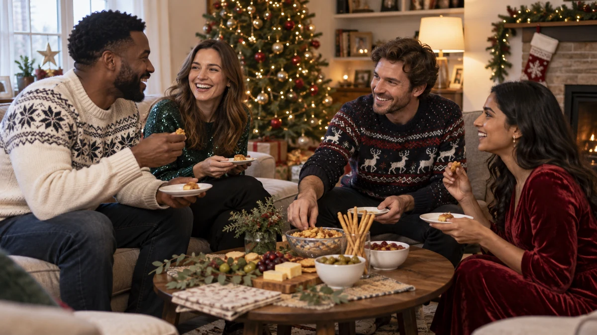 Quatre adultes partagent des bouchées apéritives dans un salon décoré pour Noël