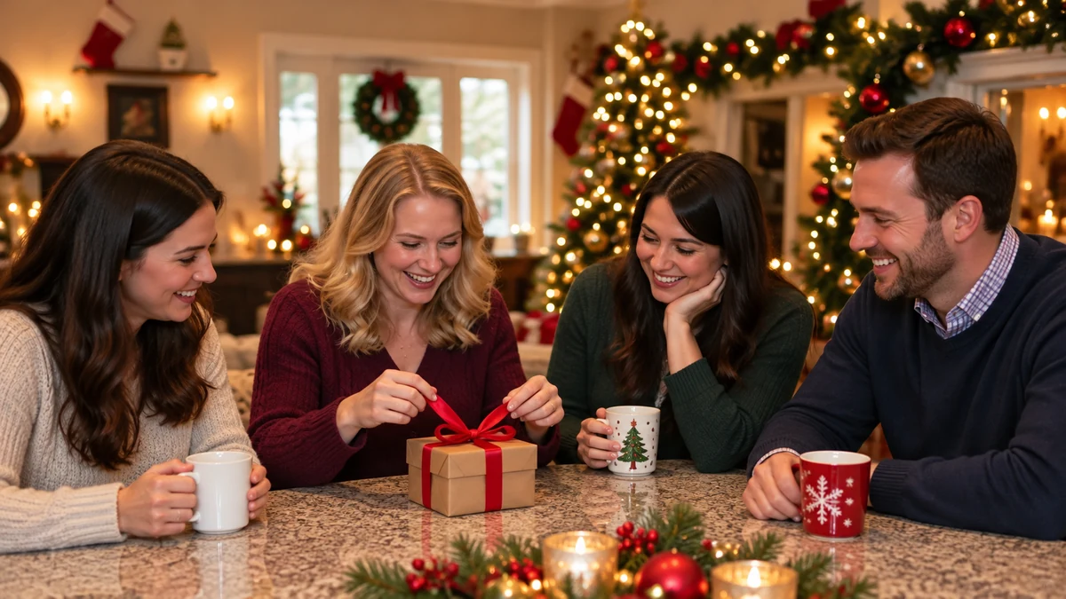 Quatre adultes partagent un échange de cadeaux de Noël