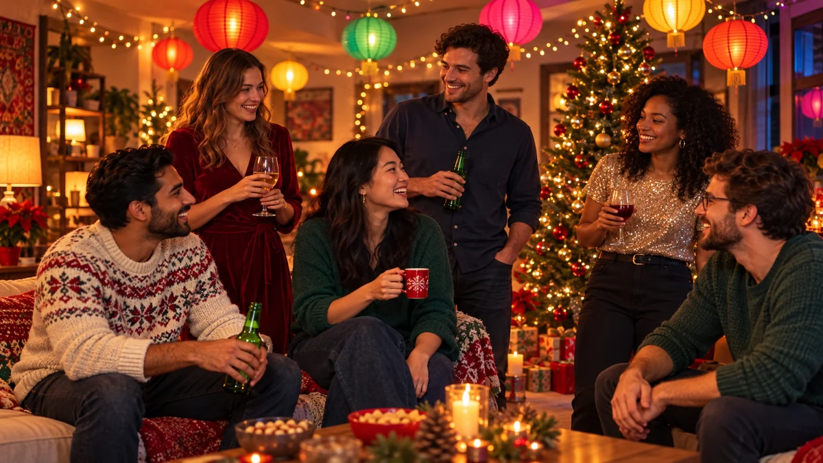 Six adultes réunis autour de la musique pendant une fête de Noël