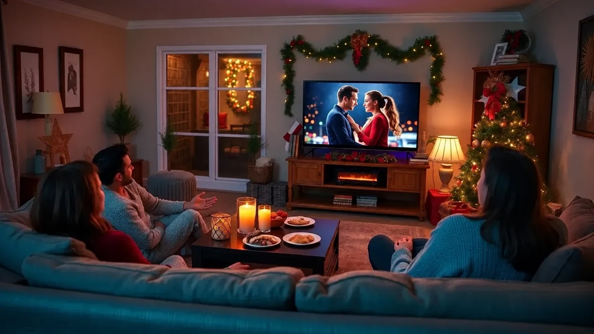 Illustration de trois adultes devant une télévision montrant un couple dans une scène romantique