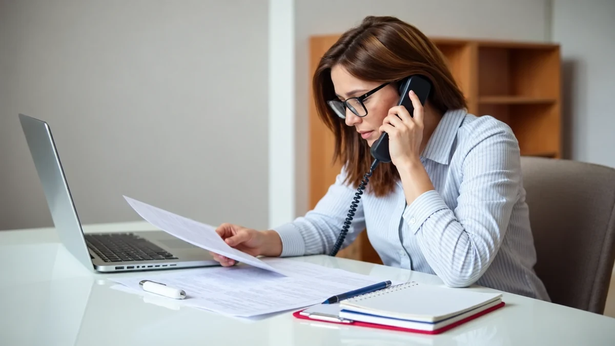 Femme tenant un combiné téléphonique et lisant un document à son bureau Femme tenant un combiné téléphonique et lisant un document à son bureau