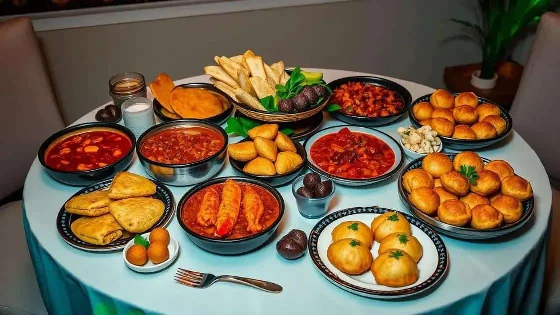 Illustration d’un assortiment de petits pains, chaussons et plats en sauce à partager