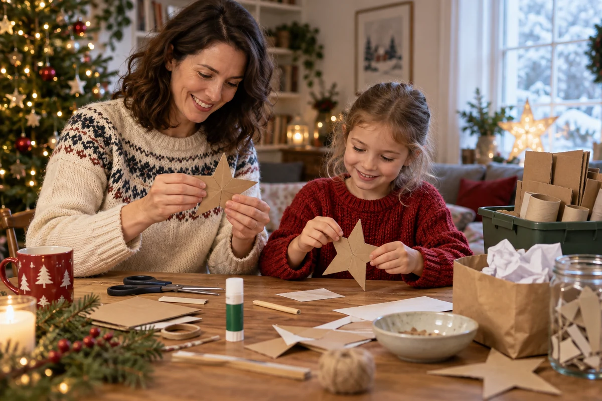 Une adulte et une enfant fabriquent des étoiles en carton pour Noël