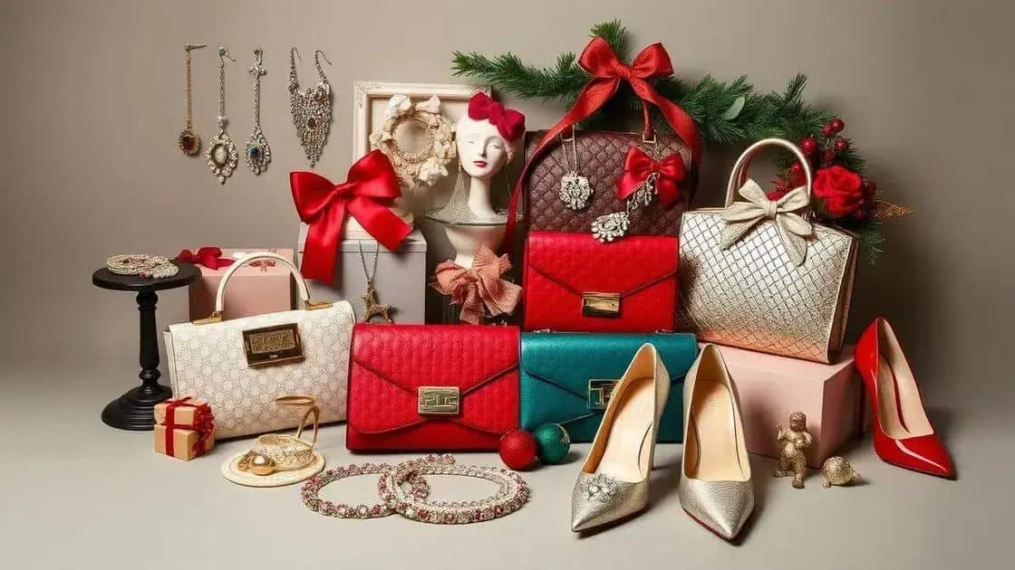 Sacs, pochettes, bijoux et escarpins présentés avec des rubans et des ornements de Noël Sacs, pochettes, bijoux et escarpins présentés avec des rubans et des ornements de Noël