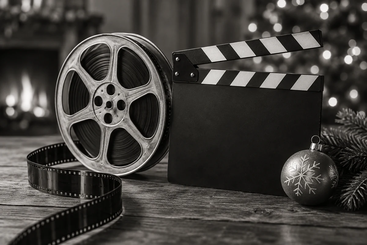 Bobine de film, clap sans texte et boule de Noël dans une composition en noir et blanc